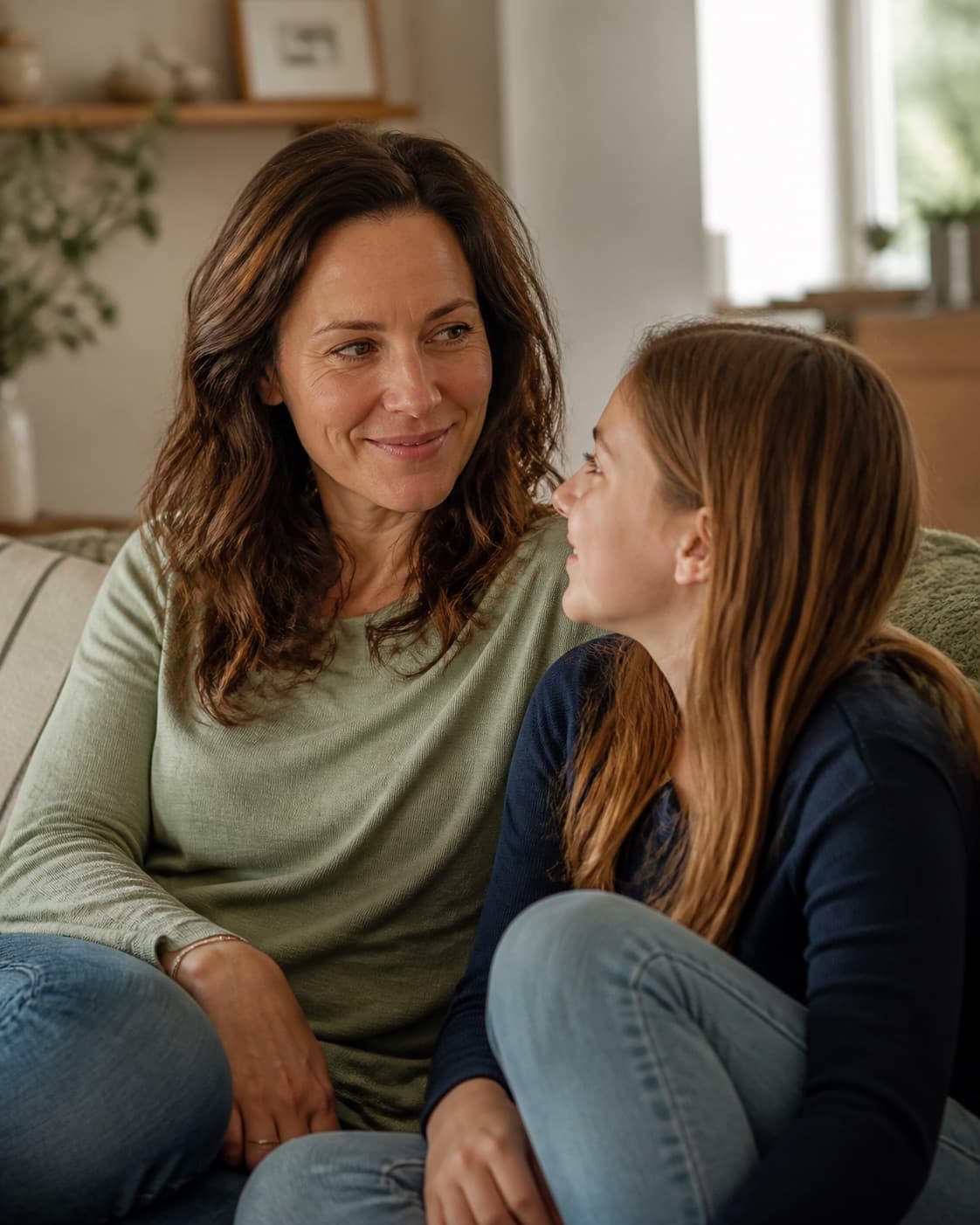 Mother and teenage daughter talking calmly together at home — the everyday calm families seek from LENS neurofeedback in Nashville, TN